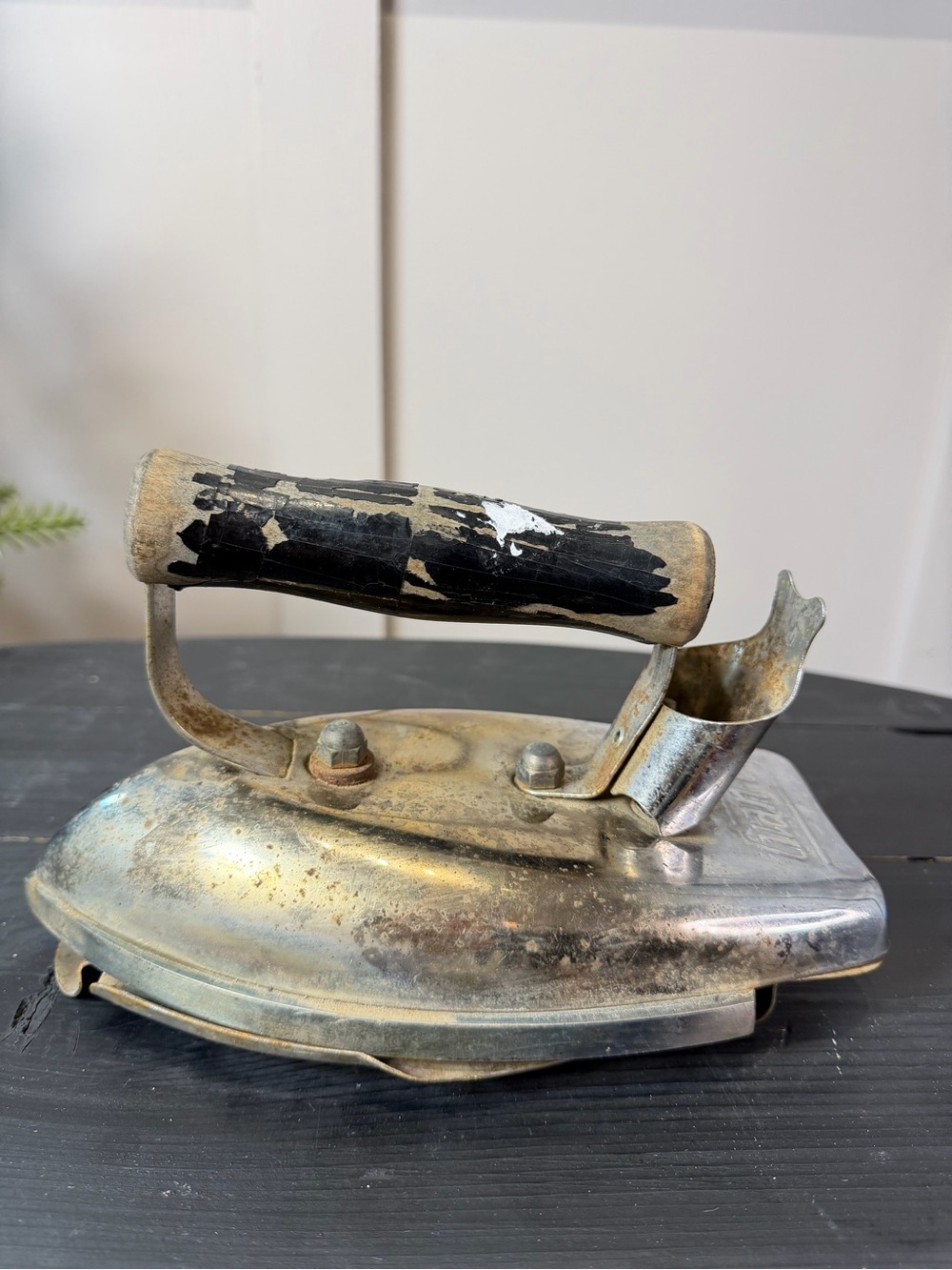 Antique Vintage Metal Clothing Iron with Black Handle Collectors Piece